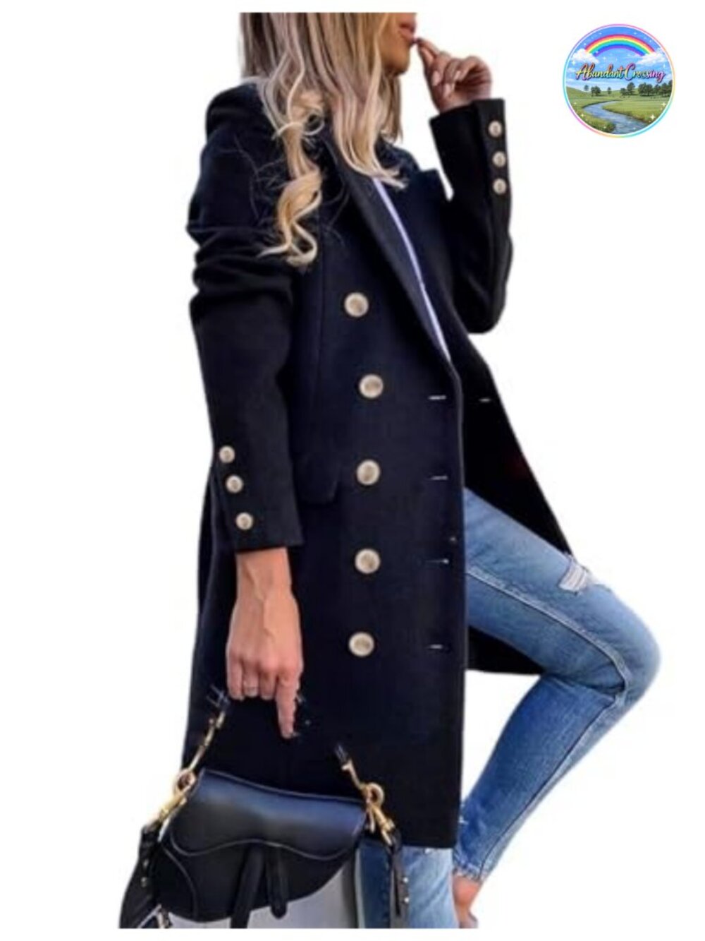 Wool Blend Double Breasted Midi Peacoat Trench Coat Notch Lapel